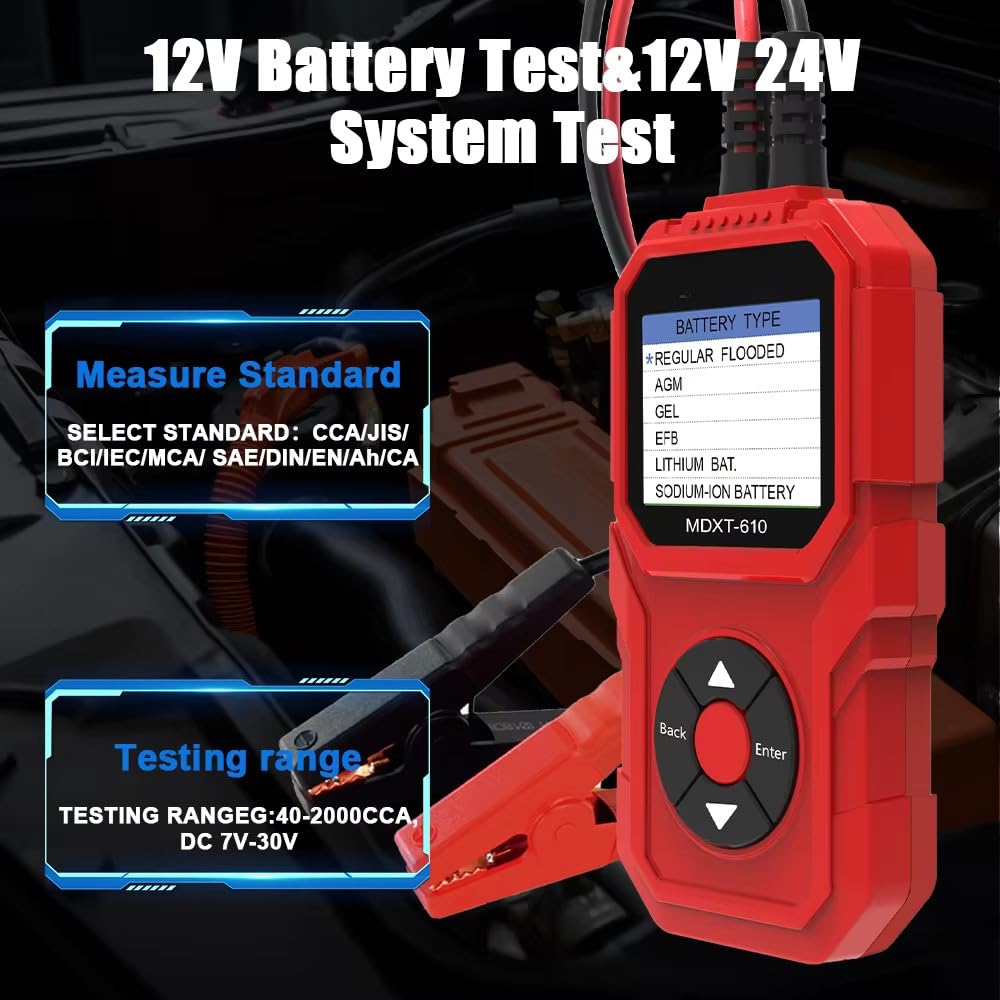 MDXT-610 - Comprobador de batería de coche de 12 V para coche con análisis SOH SOC, prueba de tensión y carga para diagnóstico de coche