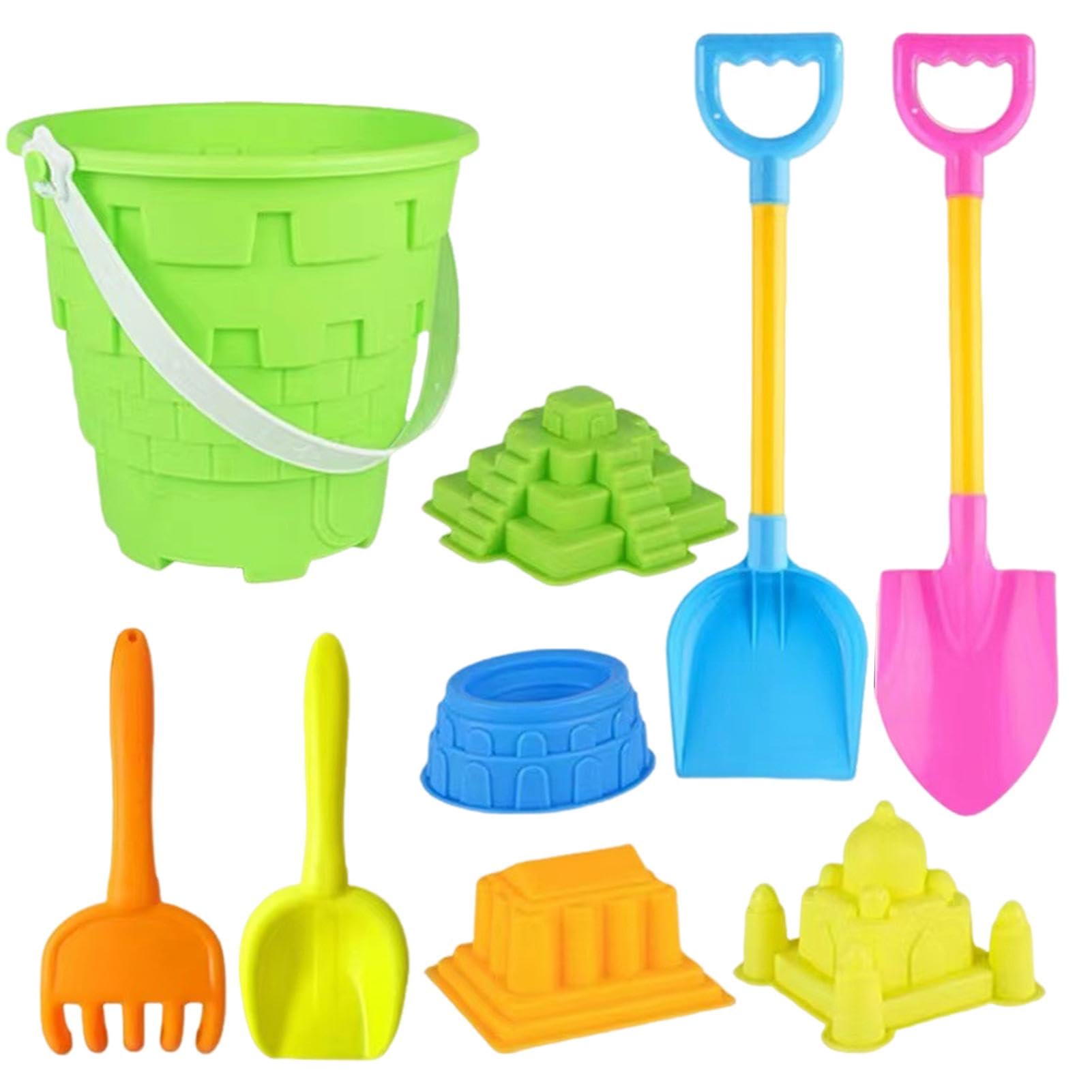 Generisch 9 piezas de juguetes de playa para niños, moldes de arena de castillo y pala de arena para niños, incluye cubo de playa, forma de arena, pala de arena, rastrillo, colador de arena, juguete
