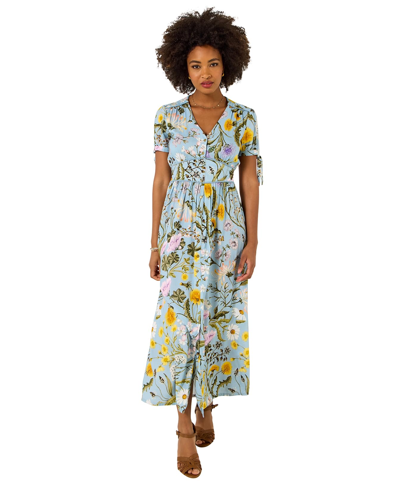 Joe Browns Women's Botanicals Print and Pompom Trim Maxi Dress, Regular, Blue, UK 8 (Petite)