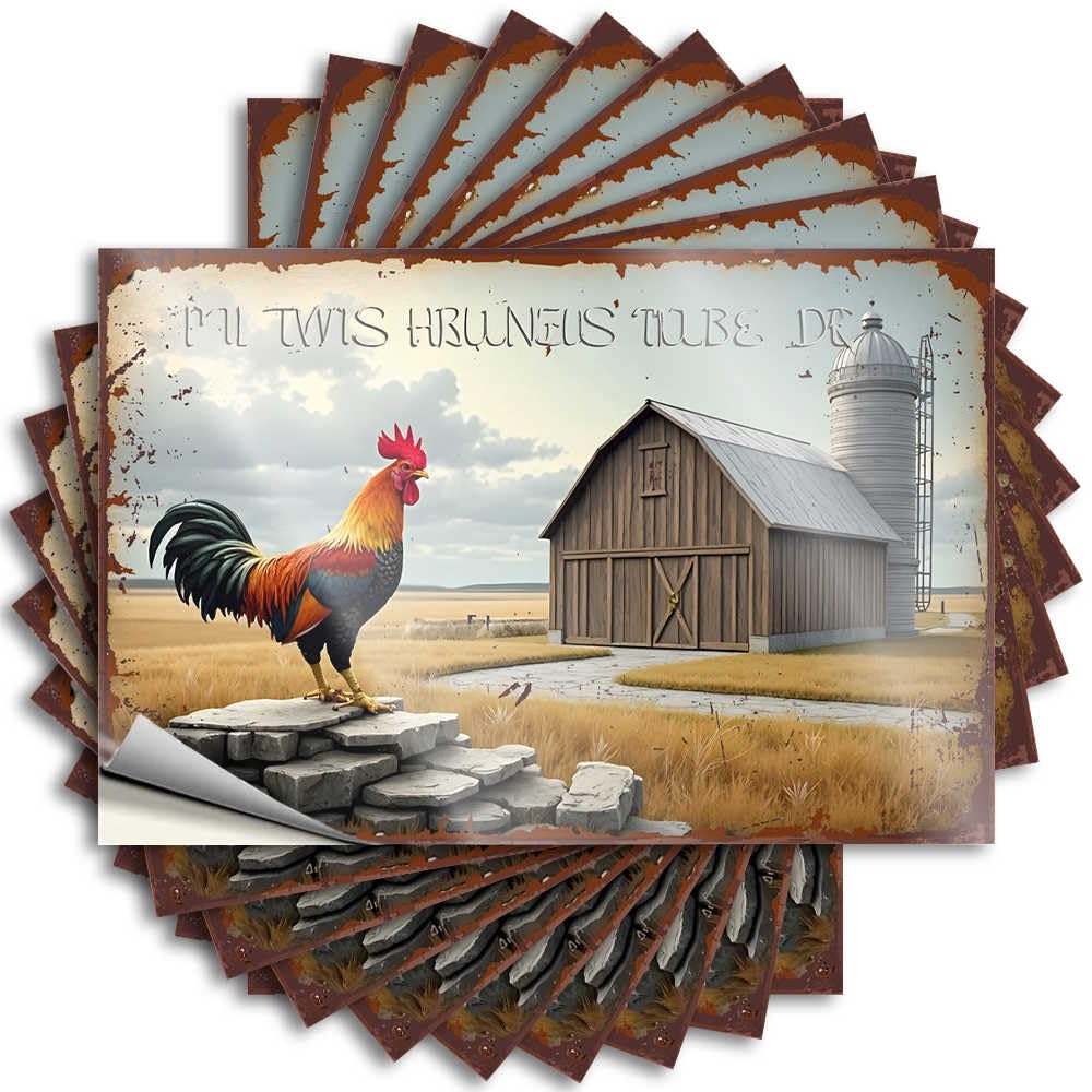 Tattoo Home Decor Men Waterproof Vinyl Sticker | Rustic Farm Scene with Rooster On Rocks Vintage Cover for Standing DIY Projects(6X9CM)
