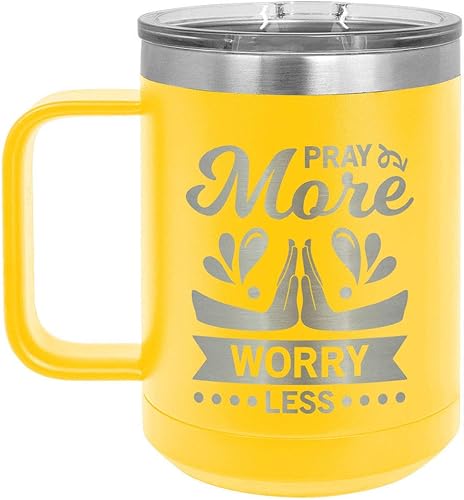 Taza de café PRAY MORE WORRY LESS de 15 onzas con tapa deslizante | Taza de café de viaje aislada | Ideas de regalo de cumpleaños o Navidad de