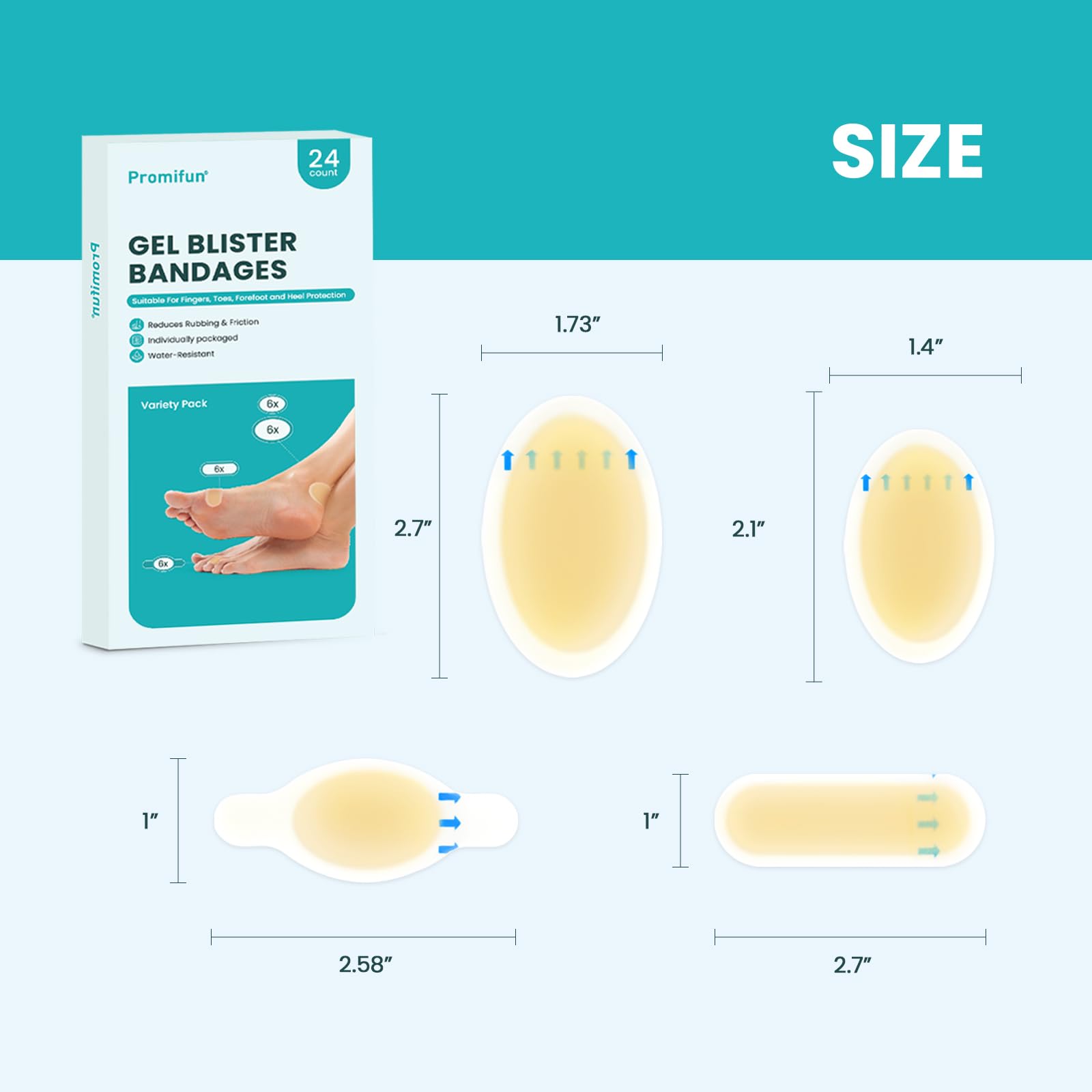 Promifun 24ct Almohadillas de gel hidrocoloide para ampollas – Vendas adhesivas impermeables para ampollas – Gel blíster bandages Cushion Pads para talón, dedos de pies, Pies,Dedos(Variety Pack)