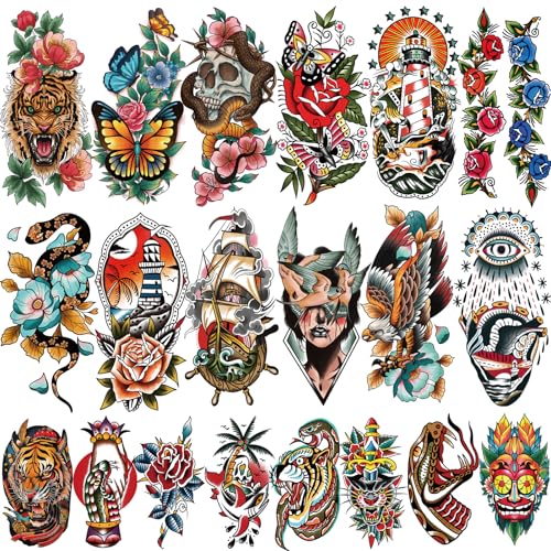 77 Sheets American Traditional Temporary Tattoos Adult Women Men Realistic Fake Tattoos Half Sleeve Flower Butterfly Tiger Snake Old School Temp Tattoos Stickers for Kids Adults