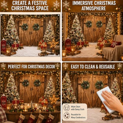Image of Christmas Decorations - Rustic Xmas Tree Snowy Barn Wood Door Backdrop