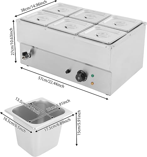 Miniatura 2 de Calentador de alimentos comercial de 6 bandejas, 110 V, 1,5 KW, mesa de vapor eléctrica de 5.9 in6 pulgadas de profundidad, buffet profesional de