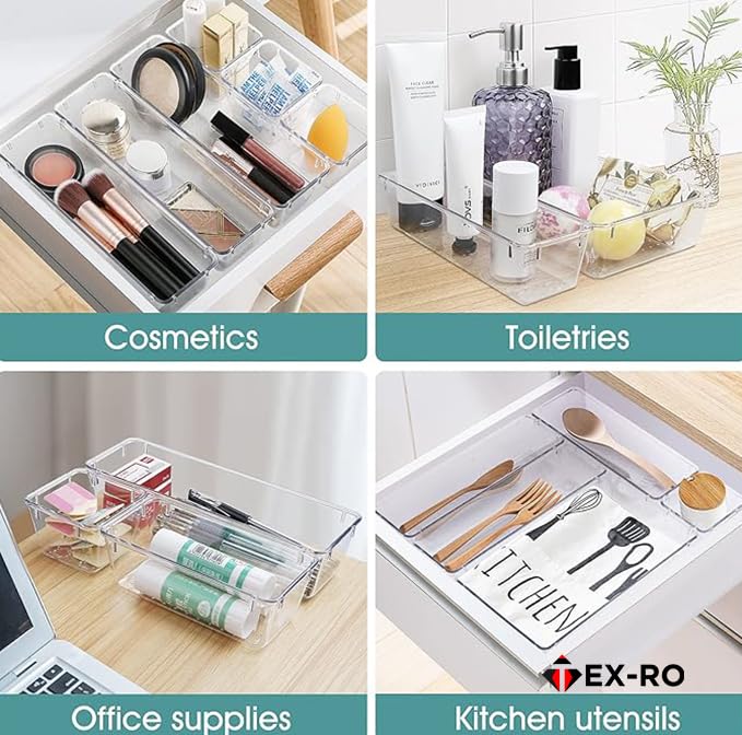 Image of TEX-RO Drawer Organizer Tray - Multi-Purpose Drawers Organisers, Dressing Table Organiser & Make up Organiser -Perfect for Cosmetics, Jewelry, Kitchen and Bathroom (21 pcs, Transparent)