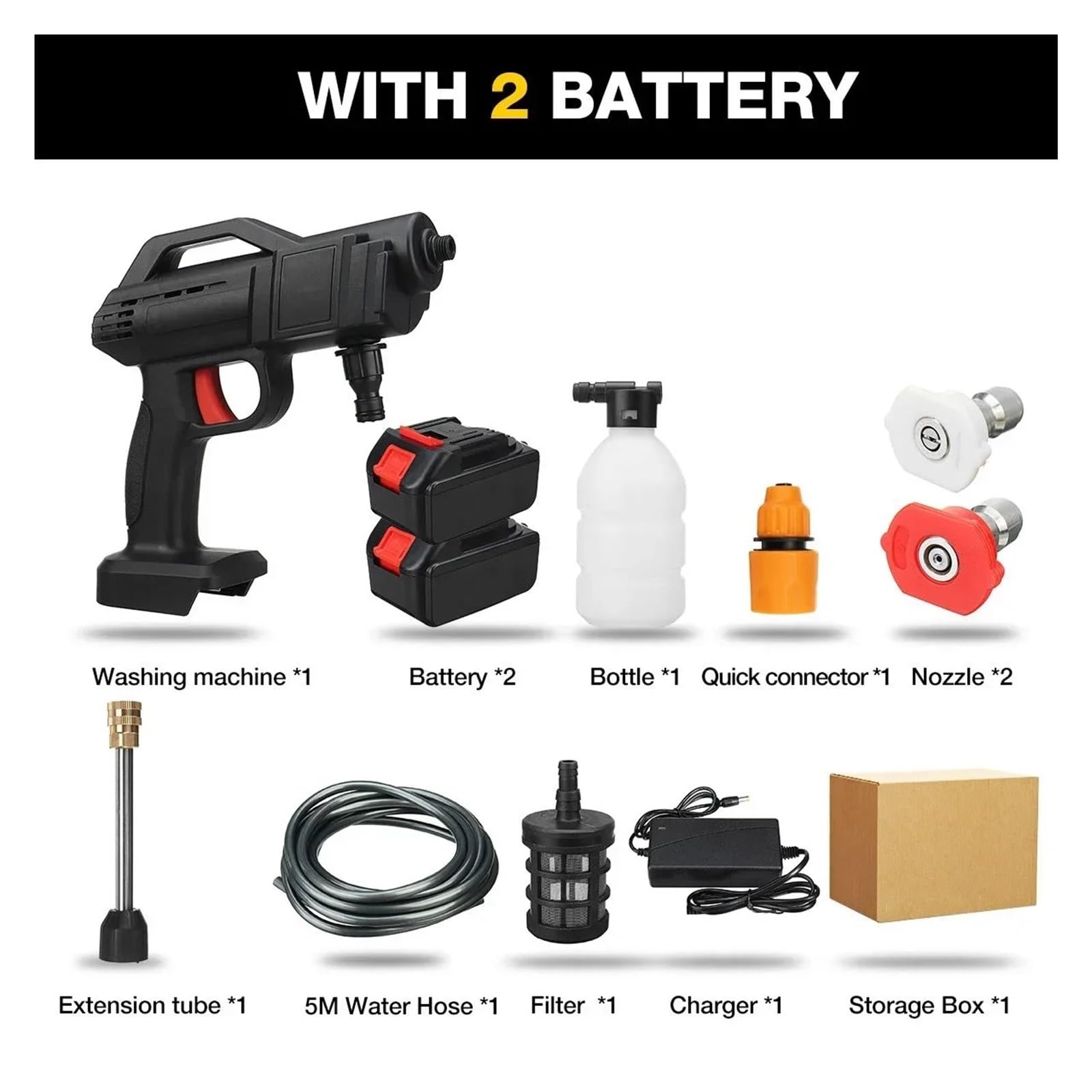 Pistola pulverizadora con manguera Boquilla, Hidrolimpiadora inalámbrica a presión 1500W, negro, 1-2 baterías de 18V 13000mAh, lavado coches(2 battery)