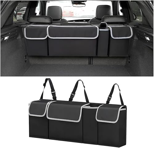 BELOMI Car Trunk Organizer, Auto Waterproof Sturdy Backseat Hanging Large Storage Collapsible Cargo Bag with Anti-Slip Adjustable Strip&4 Pockets,