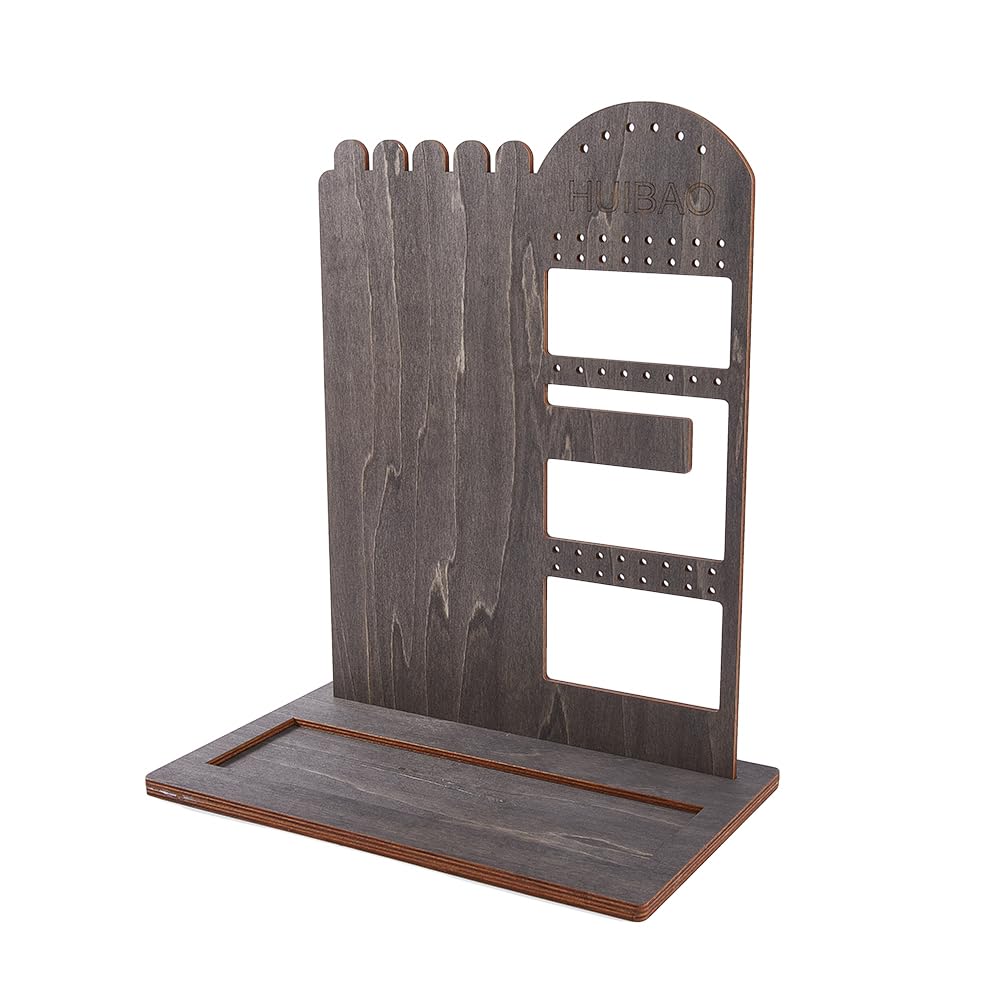 HOBBIESAY Wooden Jewelry Display Tower with Tray Wooden Earring Display Stands Jewelry Organizer Holder 46 Holes Slate Gray Bracelet Storage Holder Large Size for Earrings Necklaces Rings Ornament