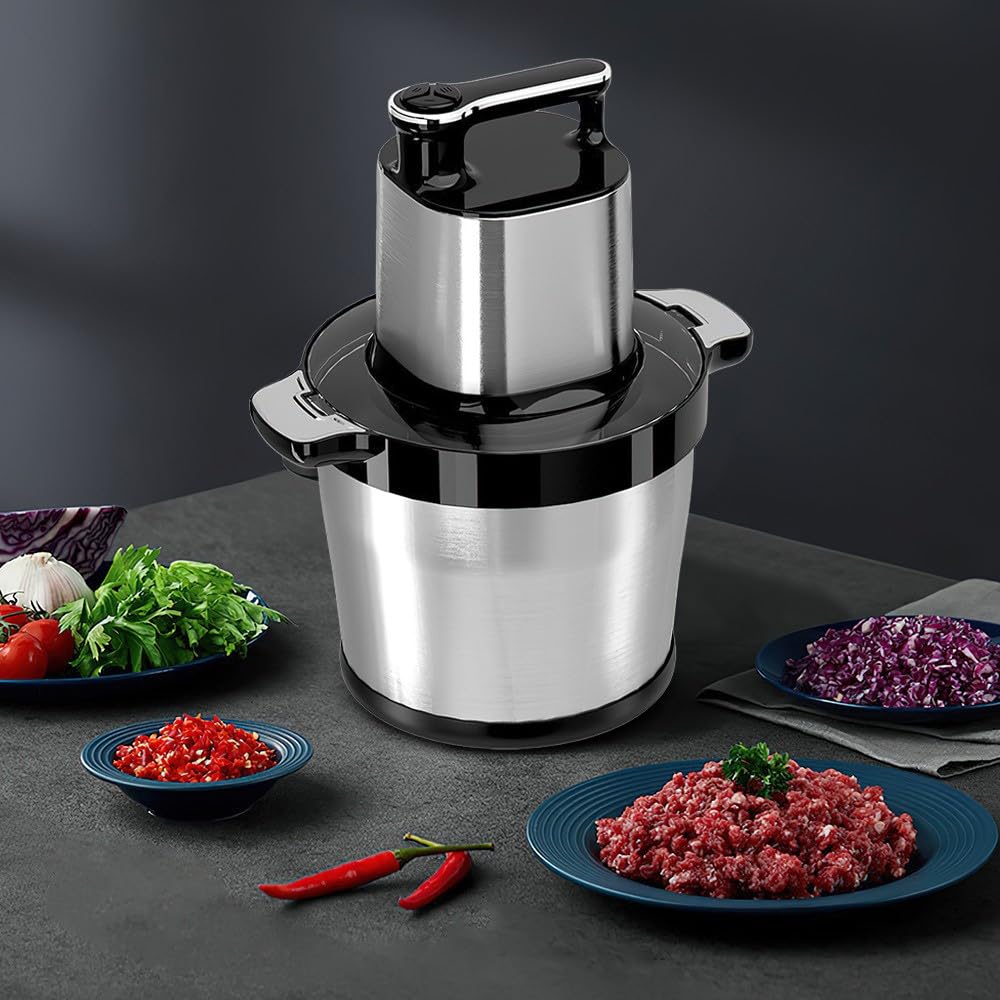 Hachoir Électrique 1500W Multifonction - Mini Hachoir à Viande 8L Avec 3 Vitesses et 4 Lames en Acier Inoxydable - Pour Viande, Légumes, Épices