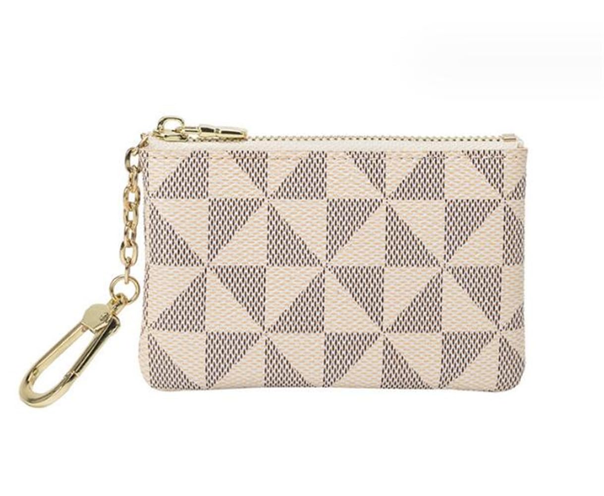 Luxury Designer Plaid Leather Small Zipper Wallet with Key Chain Ring - Coin Key Storage Bag with Chain Ladies Mini Coin Purse Change Mini Purse Wallet