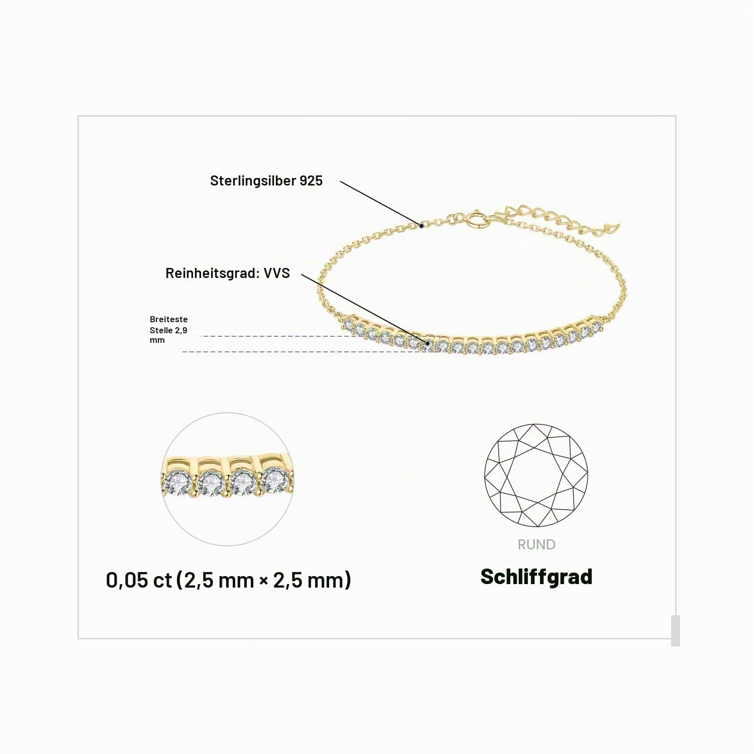 JewelryPalace Rund 2.5mm Moissanite Armband Damen Silber 925, Simulierter Diamant Braut Armreif Schmuck Set Frauen, Armbänder Mädchen Verstellbar Armreifen mit Stein, Geschenk Freundin Rosegold Gold