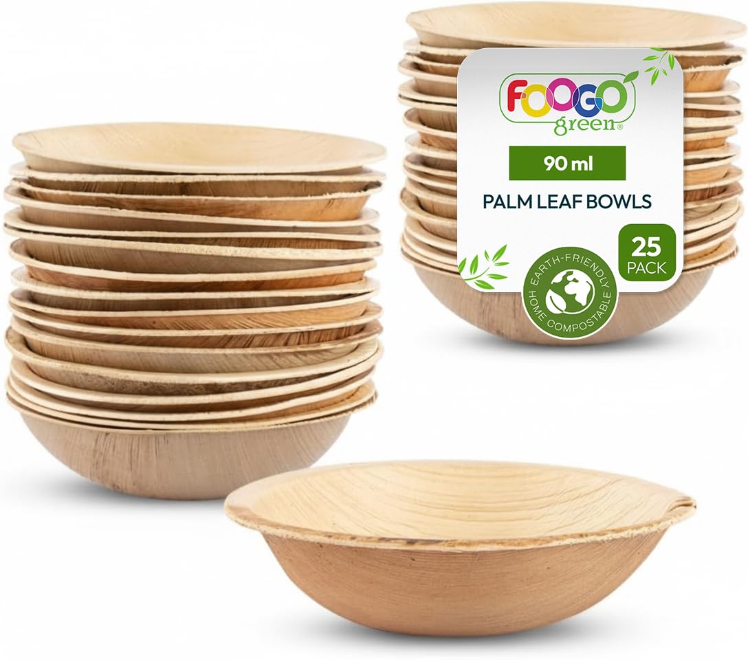 FOOGO Green 25pcs Disposable Palm Leaf Mini Bowls, 4" (10cm) Round, 90ml (3oz), Mini Ketchup Pots, Sauces & Dips, Eco Friendly Home Compostable, Like Wooden, Bamboo and Paper Bowls