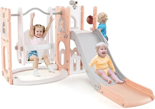 Costzon Juego de columpio y tobogán 7 en 1, juego independiente para niños pequeños con columpio, aro de baloncesto, tobogán para niños pequeños de
