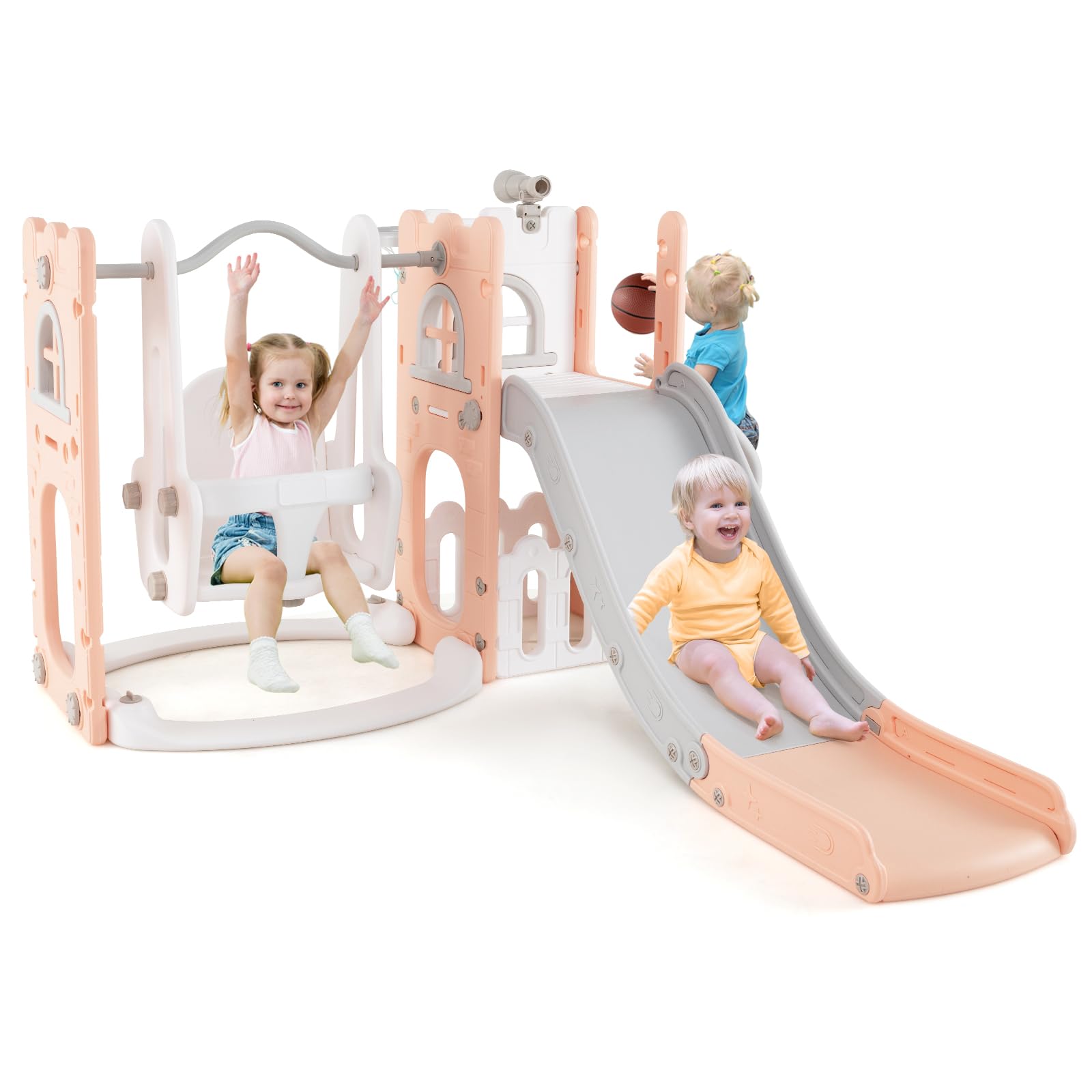 COSTWAY Tobogán Infantil 7 en 1, Parque Infantil con Columpio, Canasta de Baloncesto, Escalador y Telescopio, Tobogán con Espacio de Almacenamiento para Niños de 1-3 Años (Rosa y Gris) ISCC PLUS