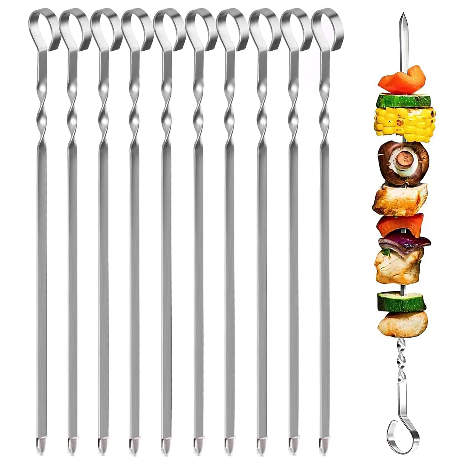 Barbecue Skewers Stainless Steel 20 Pieces, 28 cm Shish Kebab Skewers Flat with 9 Hooks Design, Meat Skewers Metal for Grill & Campfire, Kebab Skewers Set, Barbecue Accessories for Meat & Vegetables