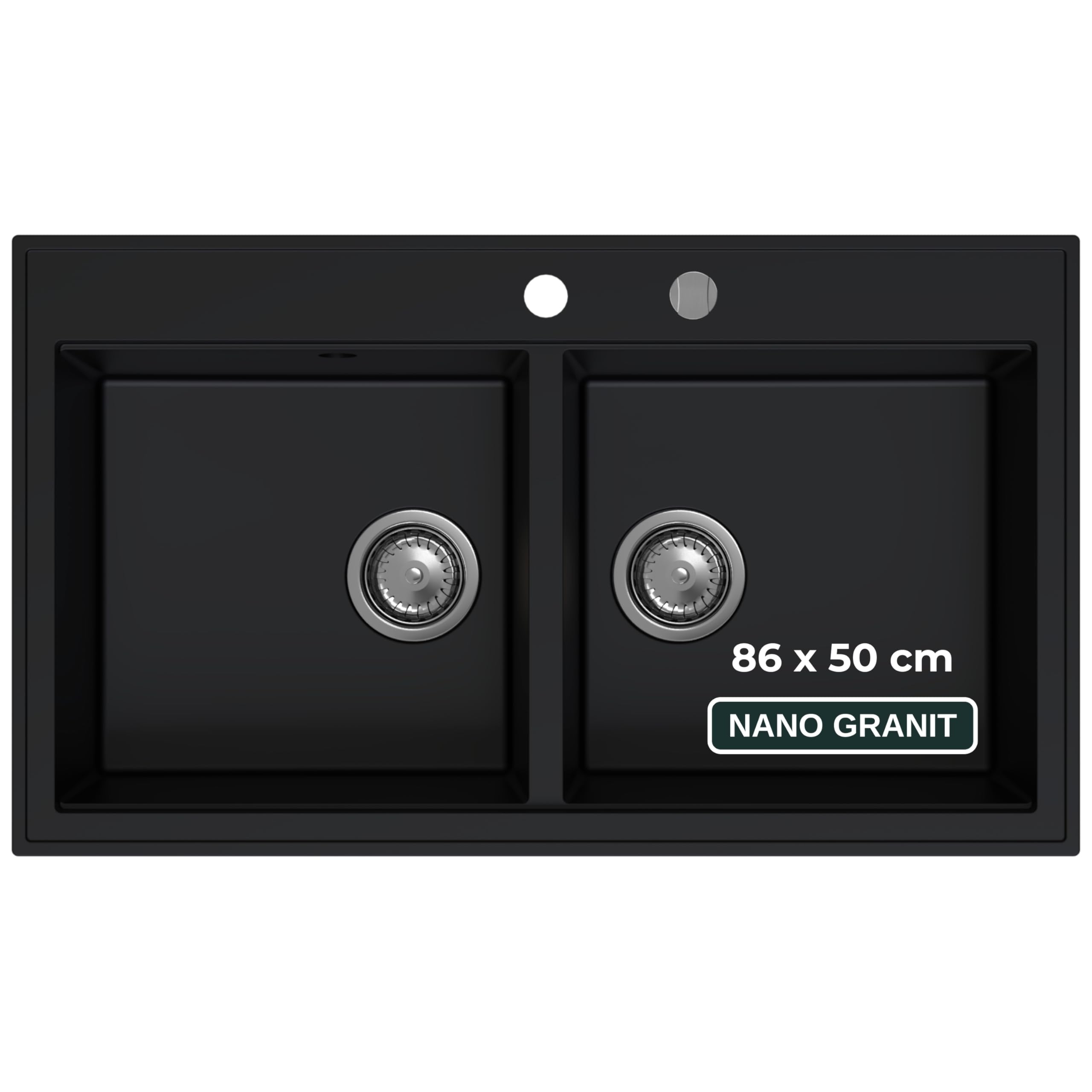 SINK QUALITY Lavello doppio nero 86 x 50 cm, doppio lavello con sifone e impregnante, lavello in granito 2 vasche – lavello da cucina a partire da mobile sottolavello da 85 cm