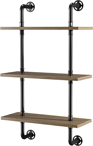 Miniatura 4 de HOMES Inside + Out Treiber Industrial - Estante flotante de metal de 3 niveles de 24 pulgadas para sala de estar, dormitorio, color marrón natural