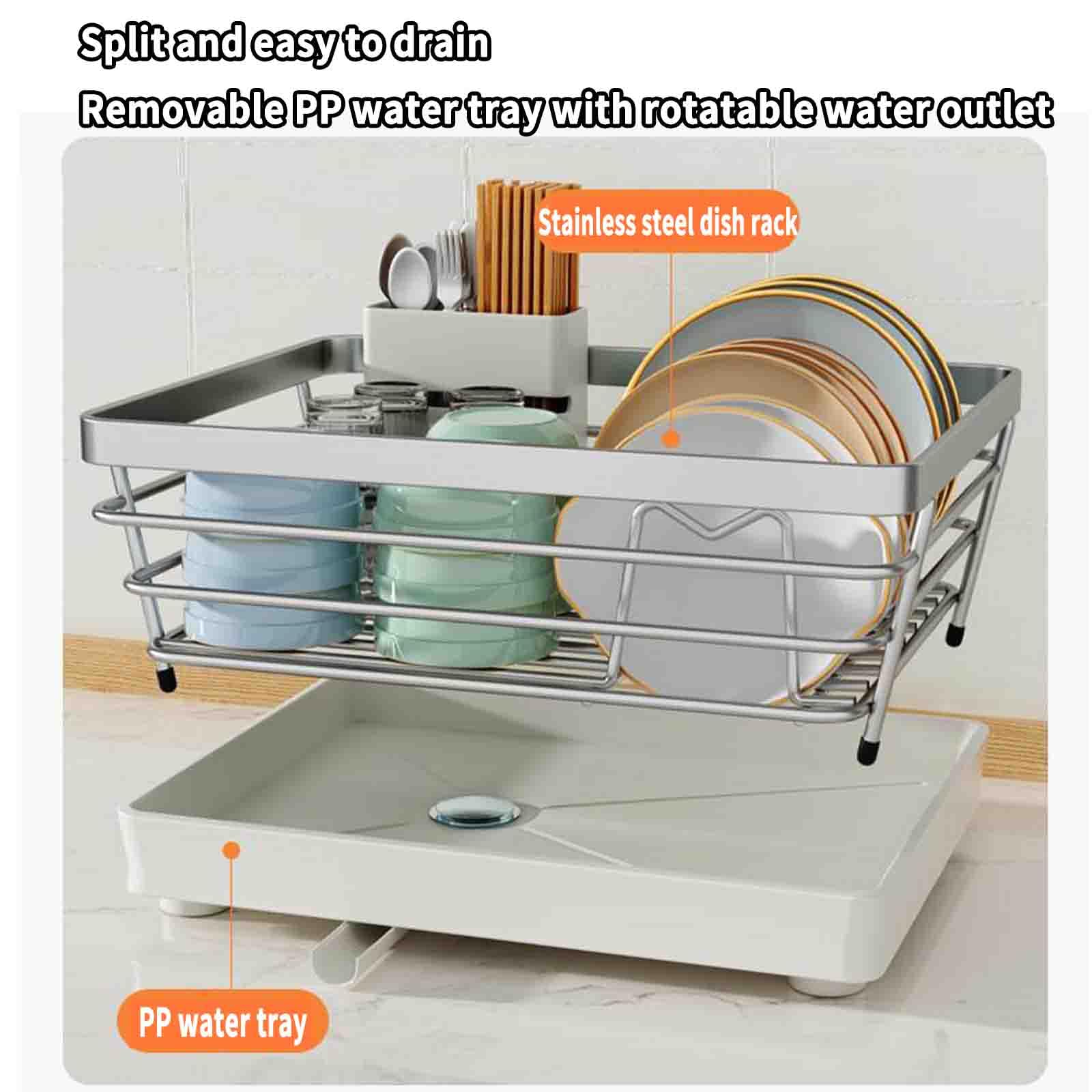Escurridor de platos de acero inoxidable con bandeja de drenaje para fregadero de cactos, soporte automático para cubiertos de drenaje que ahorra espacio, accesorio de cocina para un fácil secado