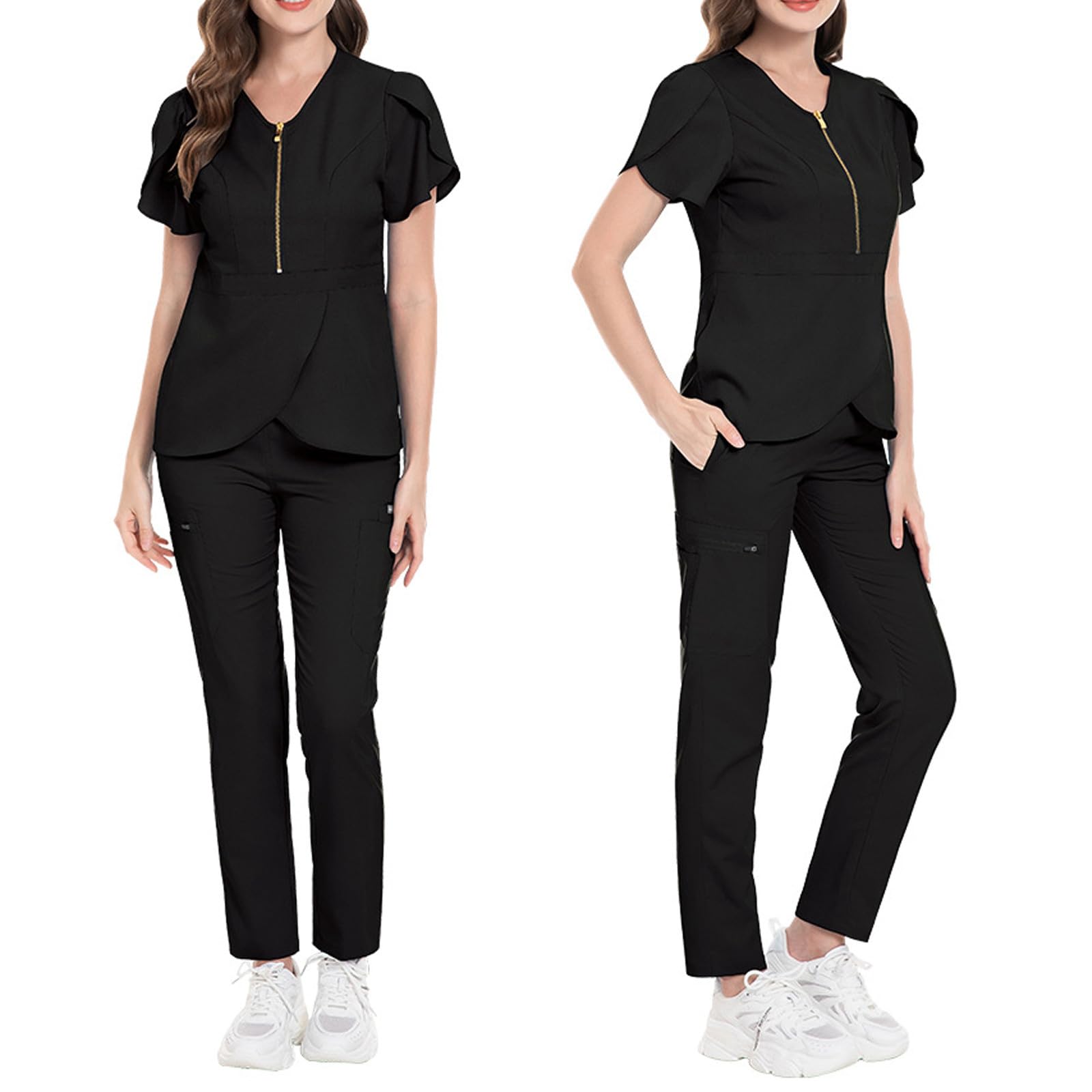 Generisch Abbigliamento professionale da donna, con scollo a V, comoda, casual, alla moda, con pantaloni, uniforme, in cotone, per medici, infermieri, taglie forti