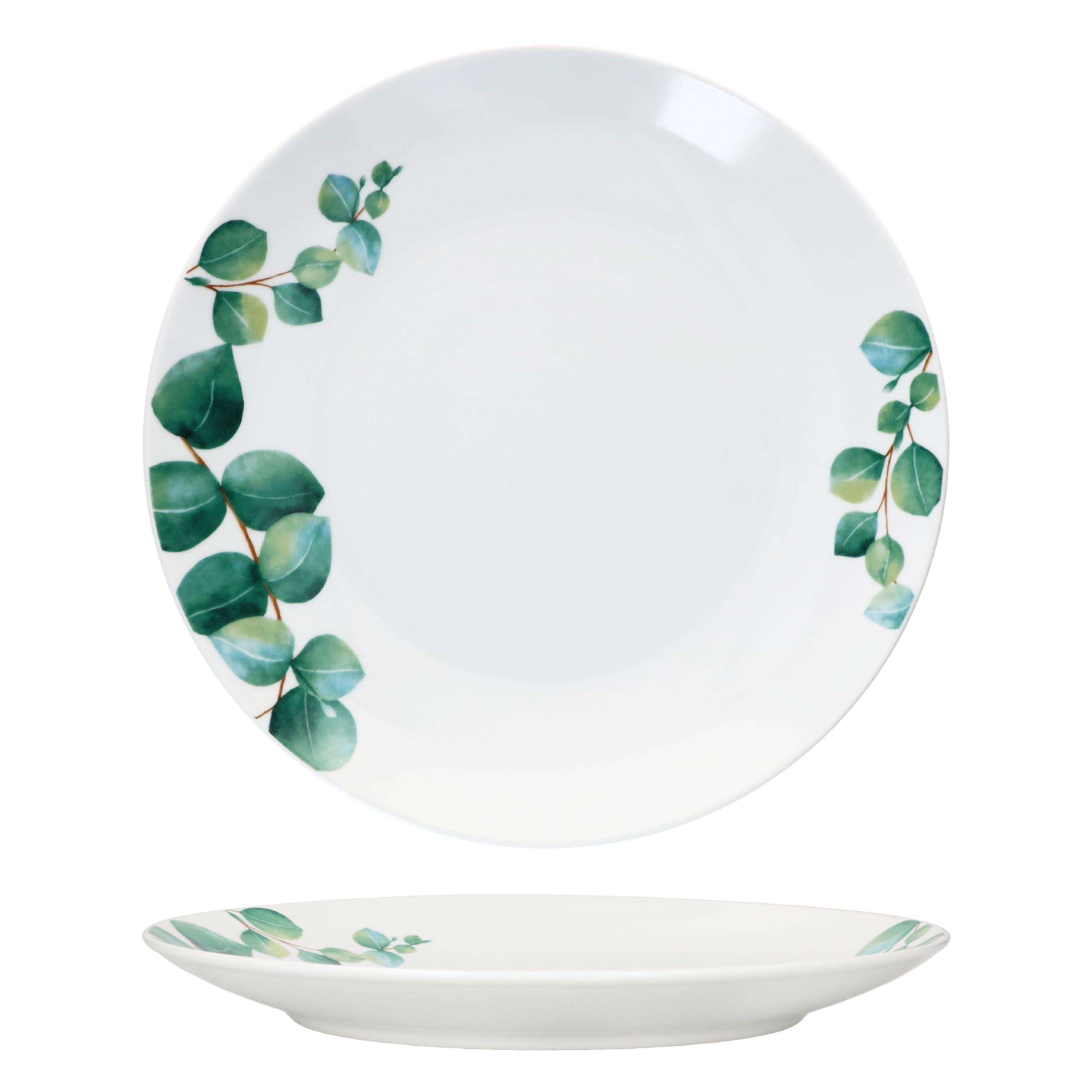 MamboCat Lot de 6 assiettes plates en eucalyptus I Ø 27 cm I Assiettes en porcelaine blanche pour 6 personnes avec décor de plantes vertes I Grandes assiettes pour le petit déjeuner, le midi, le café