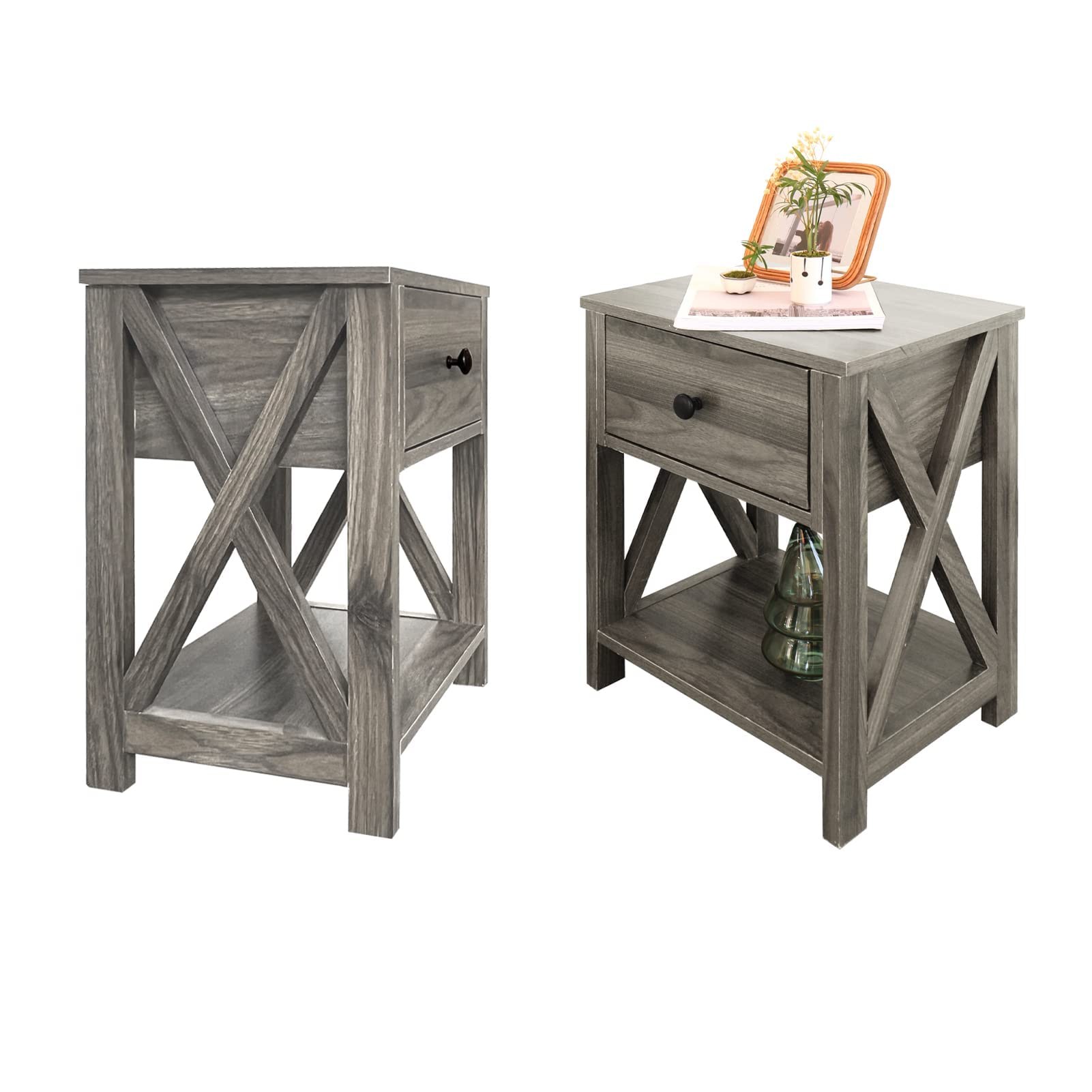 LUSUOWLZ Night Stand for Bedroom Set of 2, Farmhouse Accent End Table with Drawers and Open Storage Shelf for Living Room, Gery Wood Accent Table