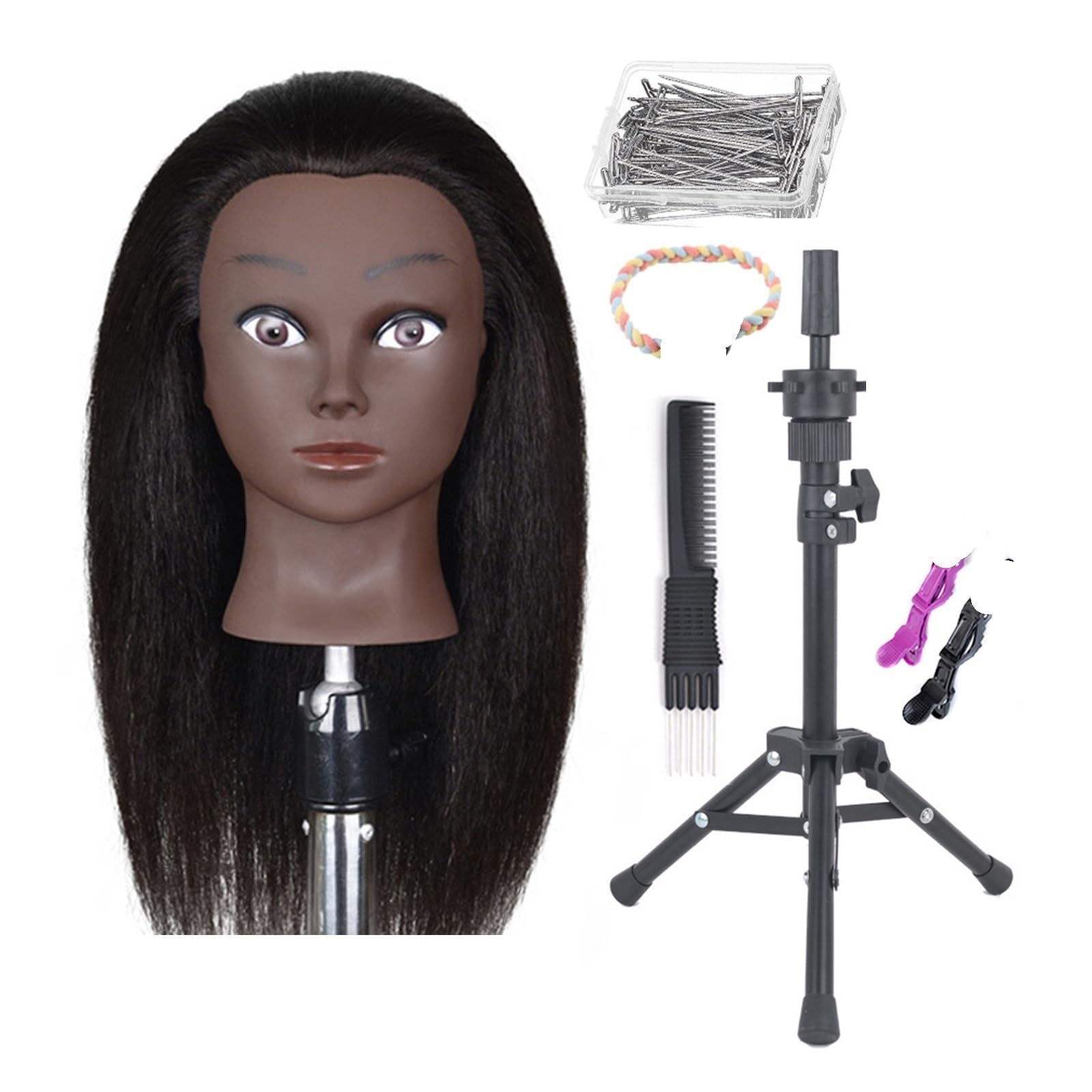 Köpfe mit echtem Haar | Mit verstellbarem Stativ-Trainingskopf for Friseurpuppen for Üben des Styling-Flechtes(14inch)