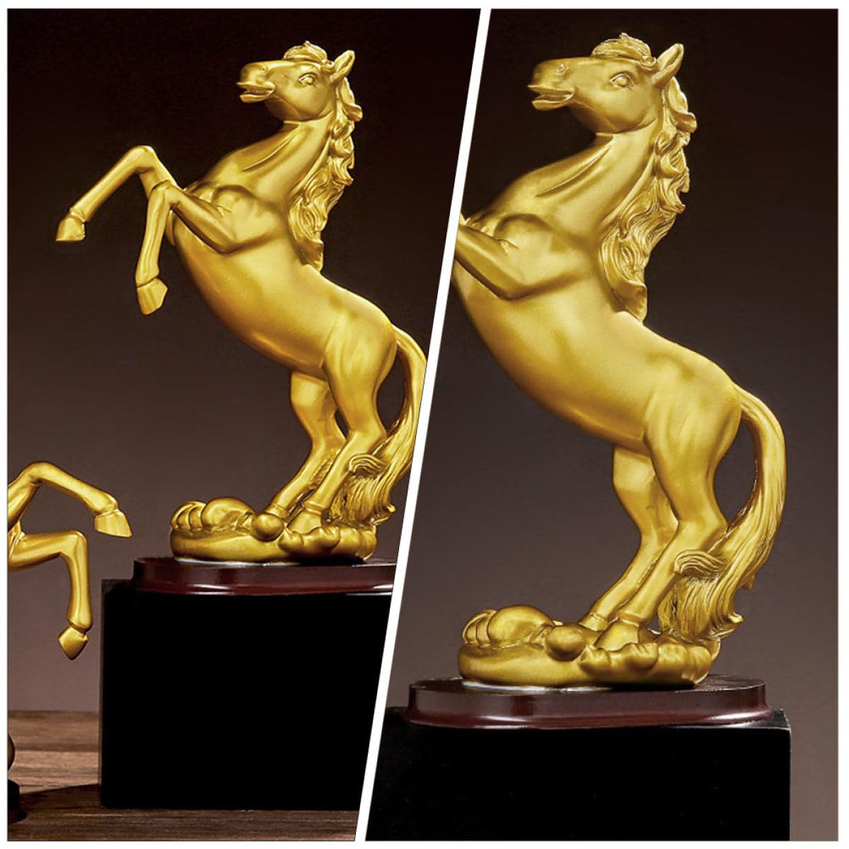 Pferdestatue aus Kunstharz in Goldener Farbe Stilvolle und Glänzende Pferdefigur zur Wohn und Bürodekoration für Regale und Vitrinen