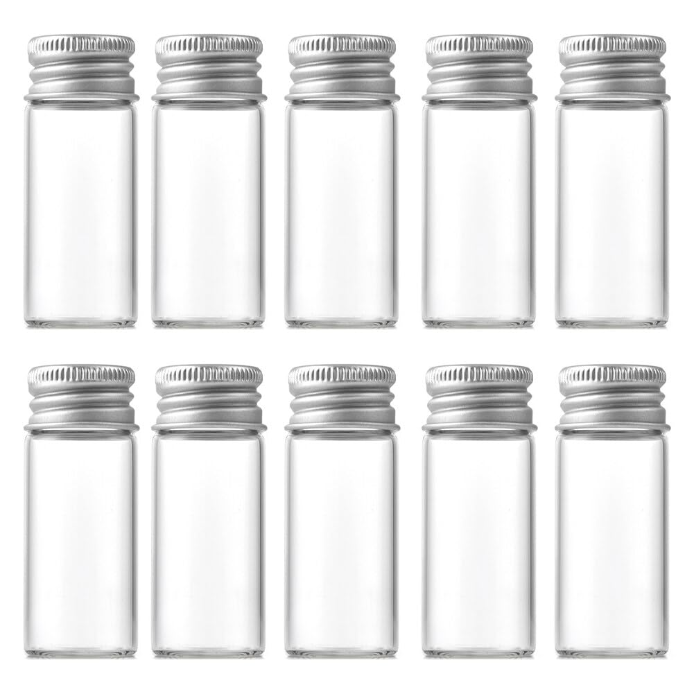Upstore 12Pcs 10ml Clear Glass Bottles Jars With Screw Aluminum Cap Empty Glass Tiny Jars Small Containers Message Sample Bottle for Essential Oil Powders Art Craft Decor Wedding Favors