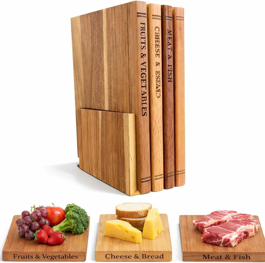 3-Piece Book-Shaped Cutting Board Set - Food Safe, Non-Slip Chopping Boards for Kitchen Organization and Stylish Serving,Acacia Wood