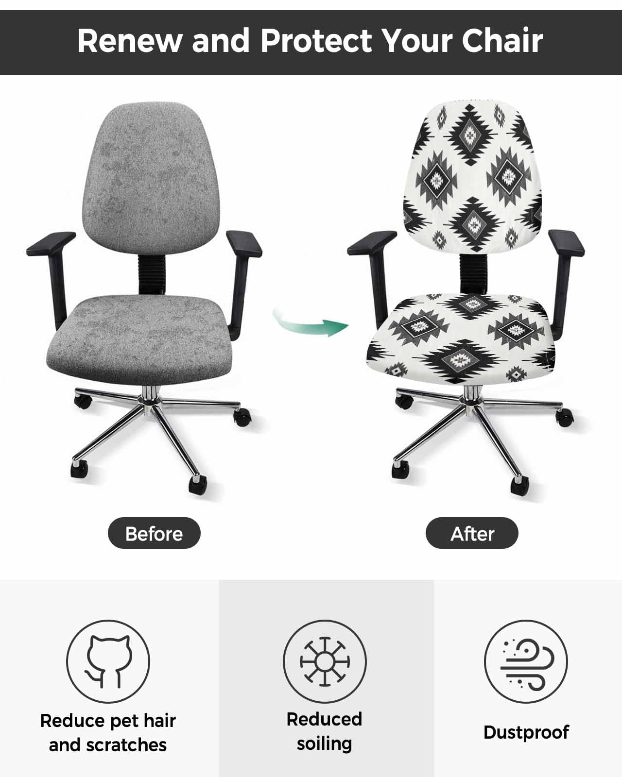 Black Aztec 2 Pieces Computer Office Chair Covers Set,Stretchable Desk Rotating Chair Seat Cushion Slipcover Back Covers,Southwest Boho Tribal Abstract Geometric Slipcover Back Cover,Protectors Cover