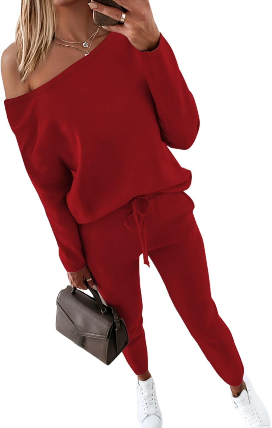 CHICME Women Tracksuit Fall 2 piece Outfits Off The Shoulder Long Sleeve Tops and Pants Set Travel Outfits