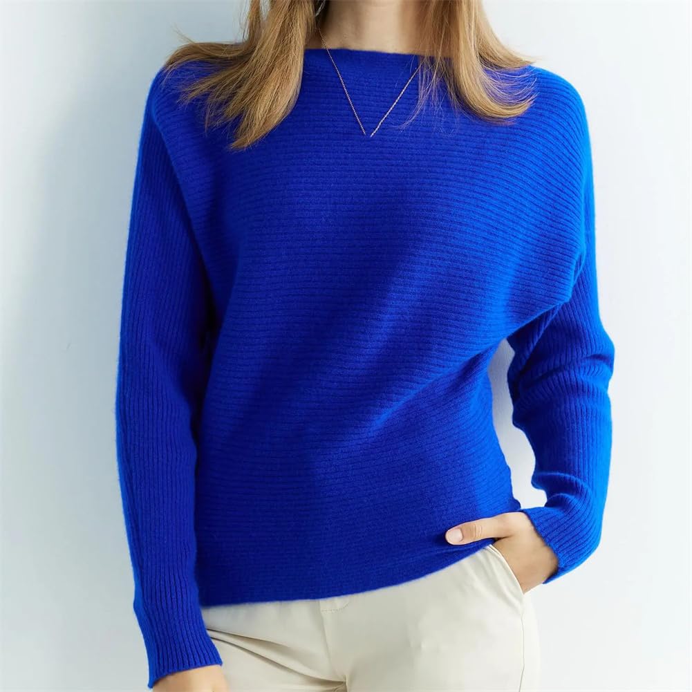 Maglione da donna in 100% lana merino, girocollo, maniche a pipistrello, tinta unita, maglione di base