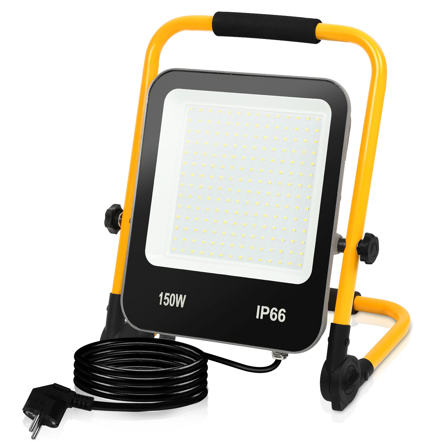 Daromigo 4 Stück LED Baustrahler 150W,Faltbare Arbeitsleuchte,LED Strahler mit stecker,Wasserdichter Baustrahler-3M Kabel 13000LM Bauscheinwerfer 6000K Kaltweiß Baustrahler Grau-gelb