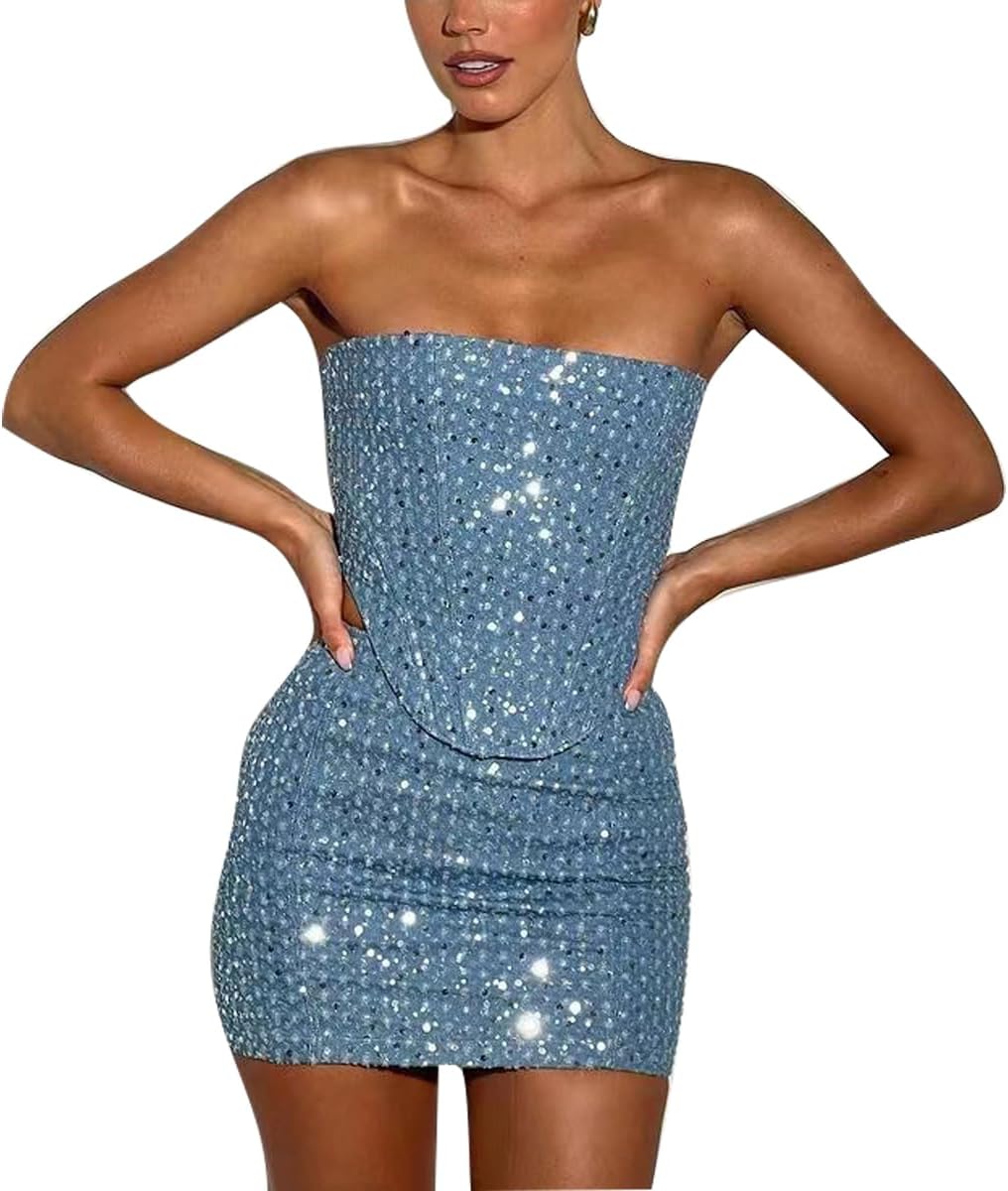 Sequin sexy tube 2 piece denim mini dress summer