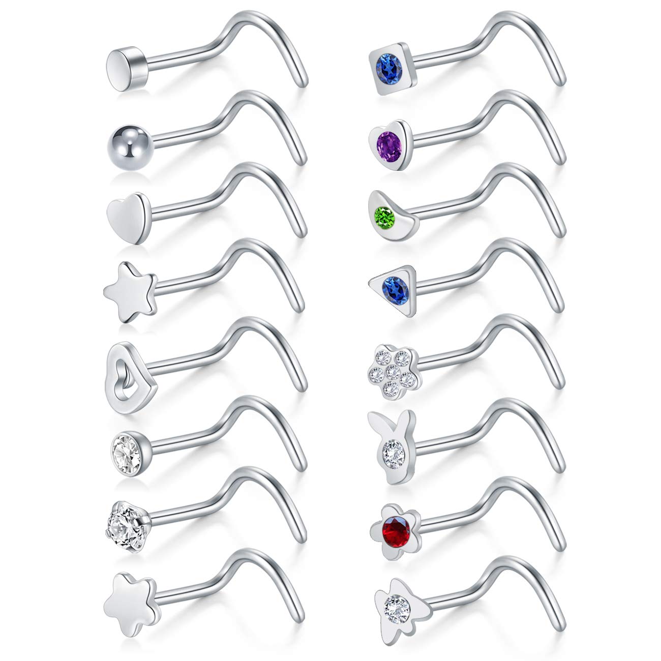 Funseedrr 12-16pcs Piercing Nariz Acero Quirurgico 20G 0,8mm Tornillo Nariz Plata Nariz Piercing Pernos