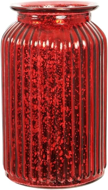 Tall Metallic Ribbed Vase Splatter Finish Bottle Shape Glass Vase in Red Rose Gold Or Silver (Red)