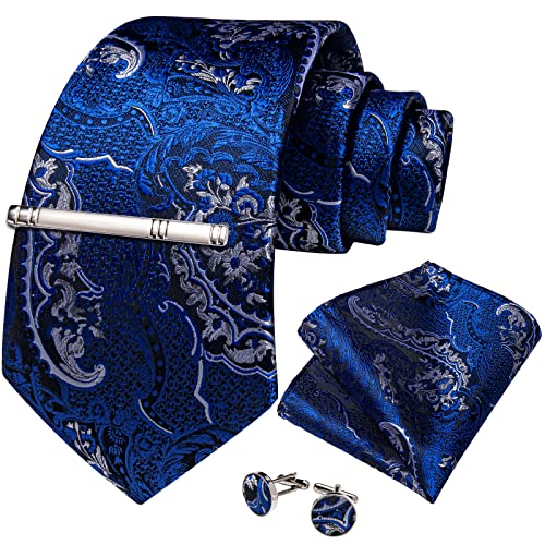 Image of DiBanGu Paisley Ties for Men Silk Necktie and Pocket Square Cufflinks Tie Clip Set Woven Classic Mens Tie for Wedding Party