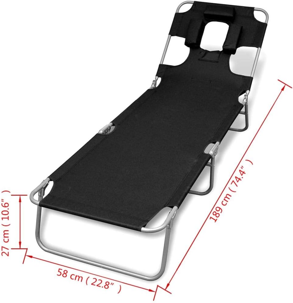 Folding Sun Lounger with Head Cushion.Adjustable Outside Patio Sunlounger.Outdoor Garden Lounge Chair Powder-Coated Steel Black