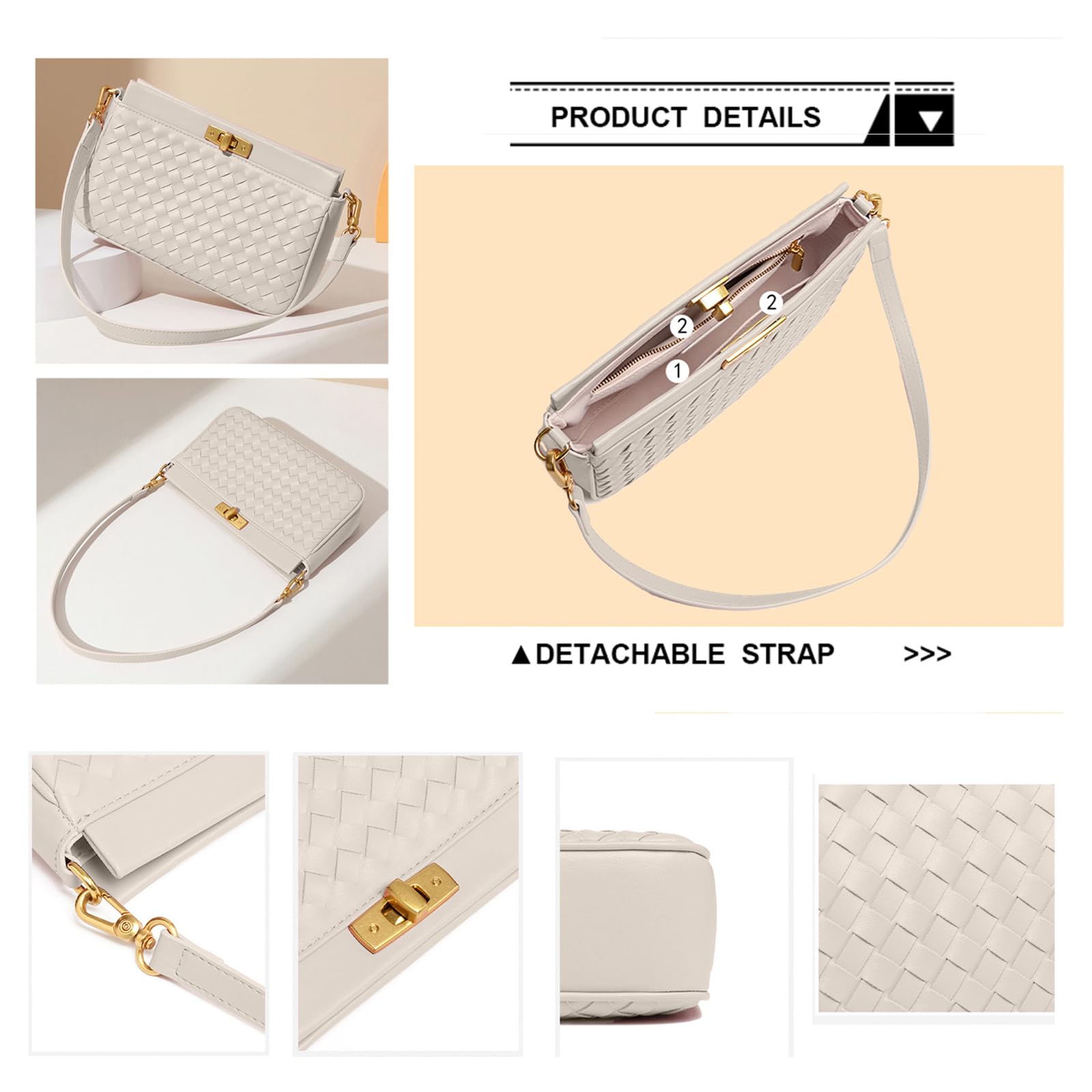 Shoulder Bag for Women Weave Lightweight Tote Bags Vegan Leather Handbags Handmade Cute Bags Sling Purse with Pocket White