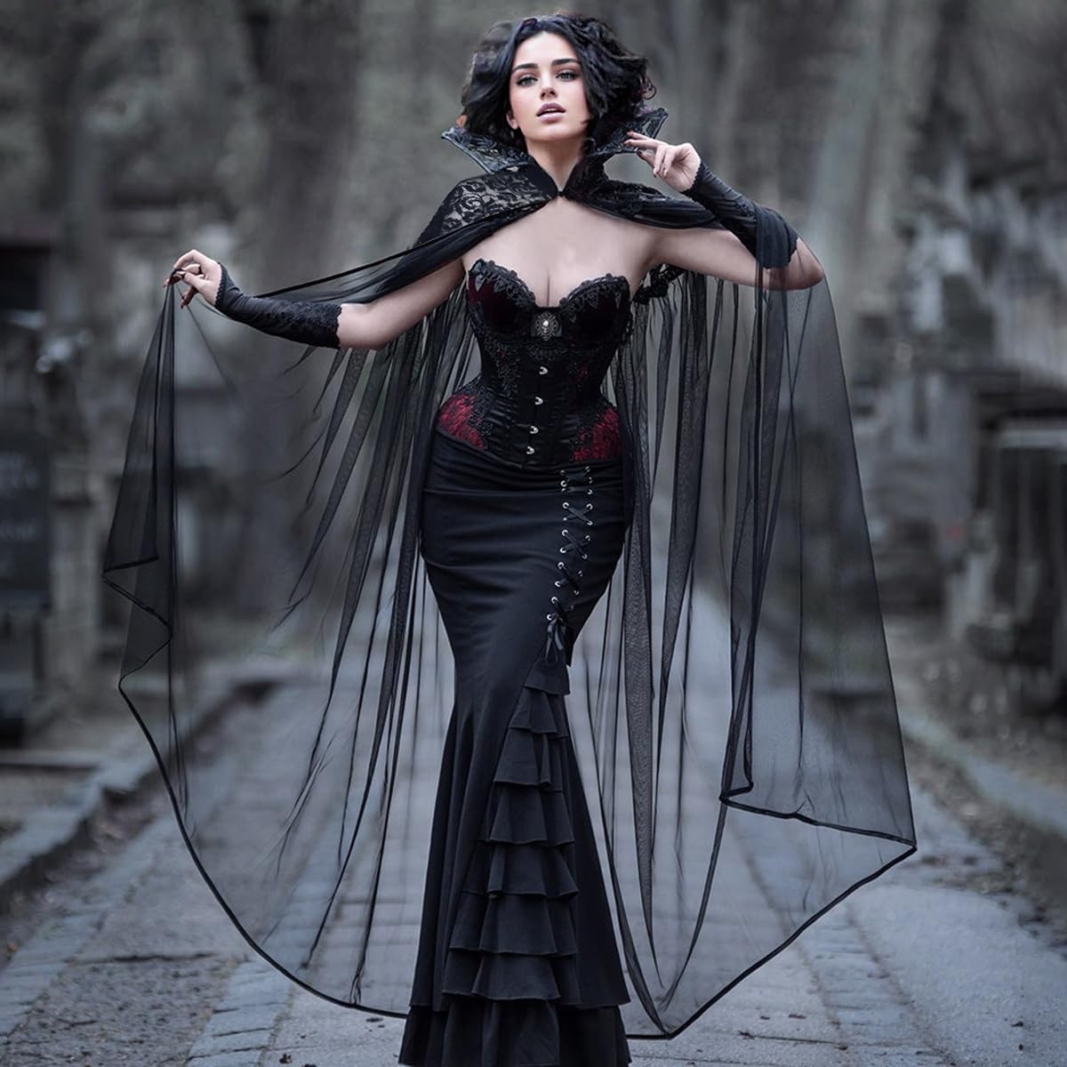 keland Gothic Langer Tüll Vampirumhang mit Stehkragen Spitze für Damen (Schwarz)