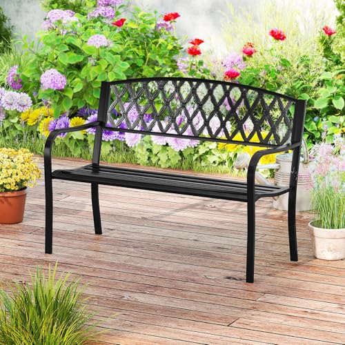 COSTWAY 2 Seater Garden Bench, Metal Frame Loveseat Furniture, Outdoor Patio Park Backyard Lounger Chair Seats (Diamond Pattern) - Image 8