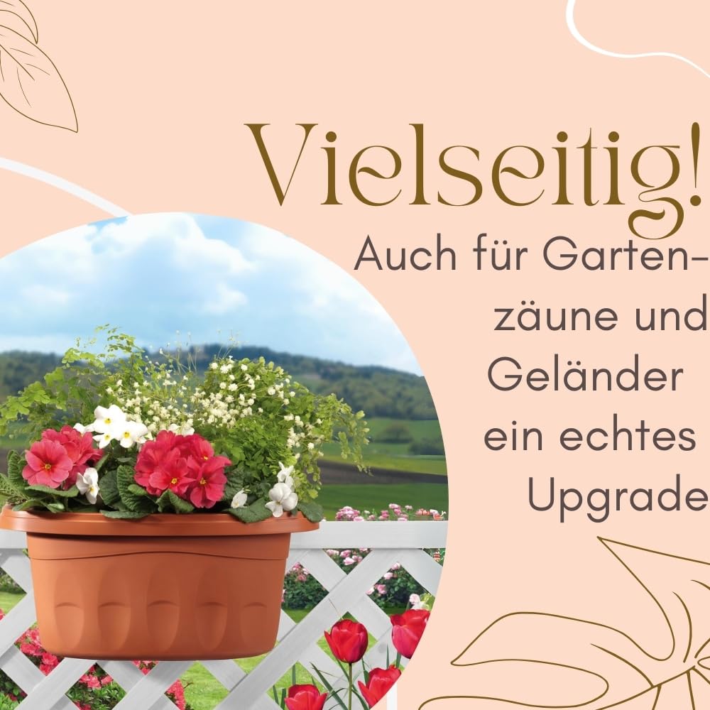 GarPet 4er Set Blumenkasten Balkongeländer Beidseitig Balkon Blumenkasten Doppelseitig Balkonkasten mit Halterung Geländerkasten mit Wasserspeicher Teracotta 50 cm