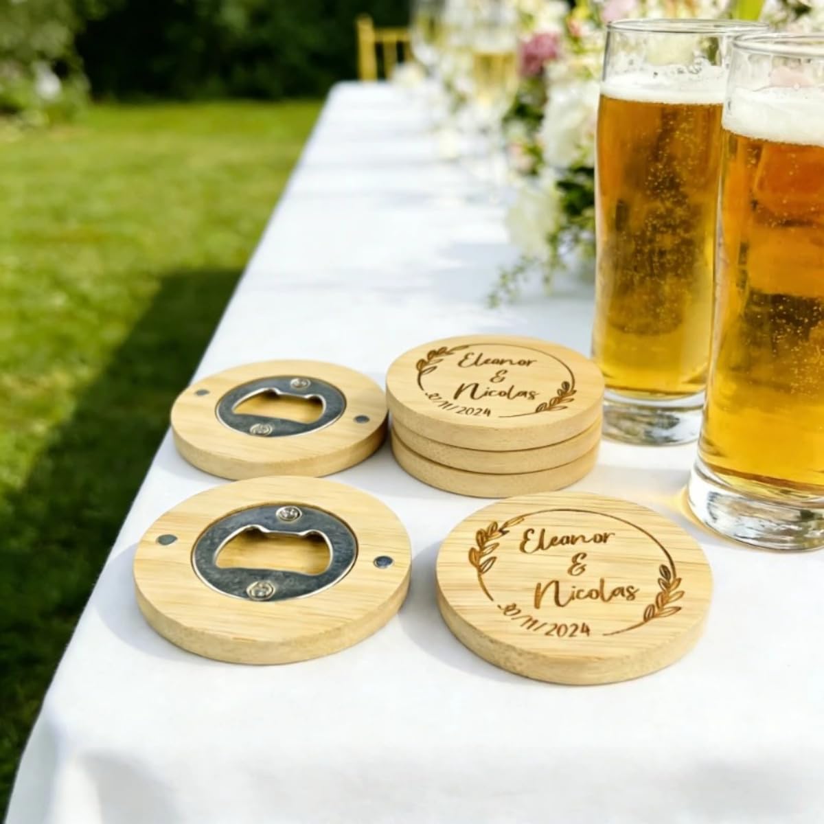 Abrebotellas de madera personalizado grabado redondo de madera abrebotellas de cerveza, dama de honor, recuerdos de boda (50 unidades)