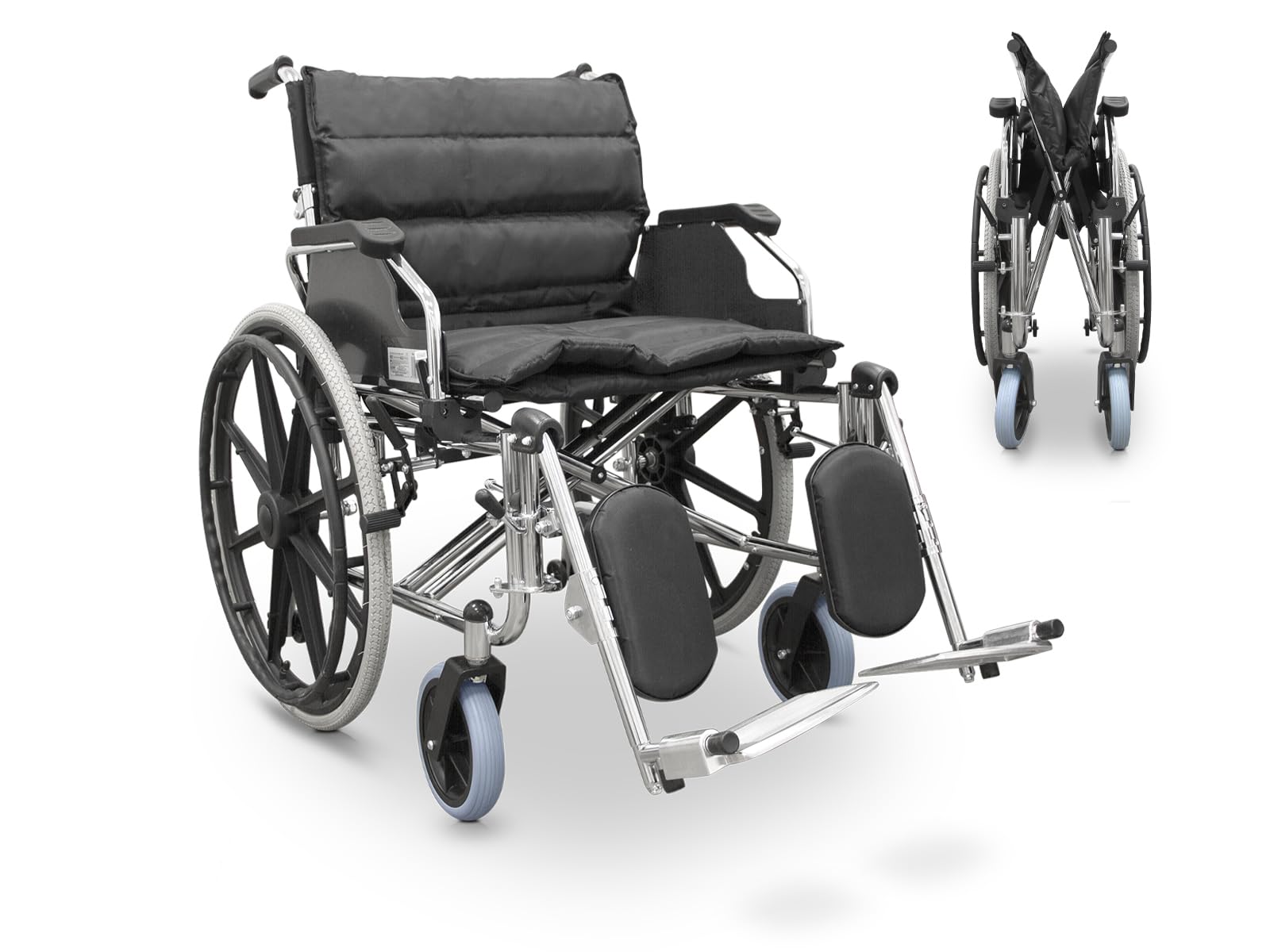 QUIRUMED Silla de ruedas ANCHO ESPECIAL 56 CM, Acero, Plegable, Acolchado extra, Reposabrazos extraíbles, Reposapies 90º, Para mayores, Para minusválidos, Hasta 125 kg