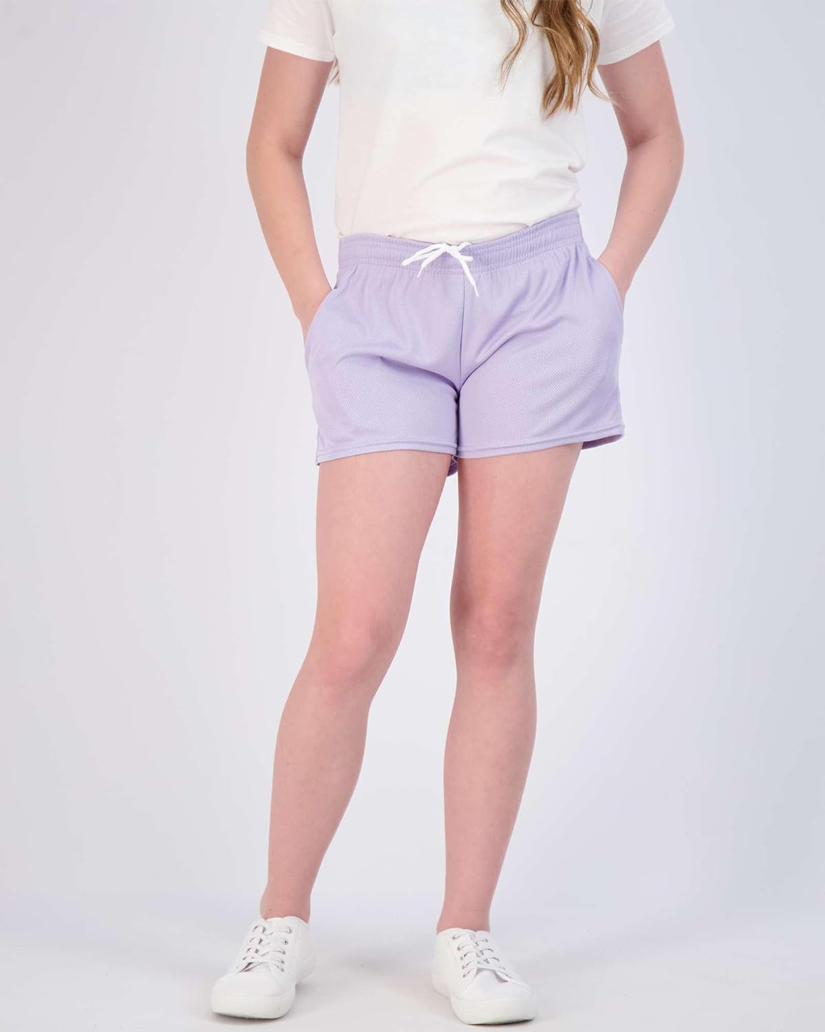 Real Essentials 4 Pack: Girl's Mesh Active Athletic Running Performance Sport Shorts for Girls with Pockets