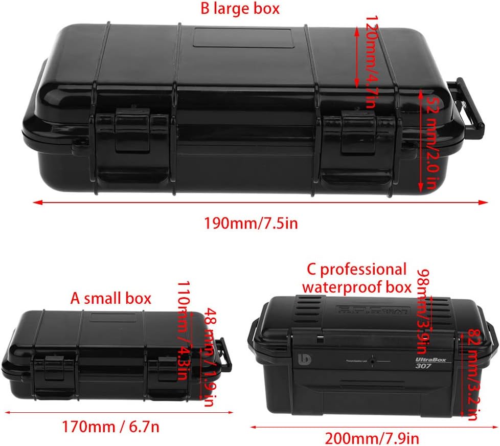 Diagram showing the dimensions of Focket storage boxes A, B, and C. Model C is 200mm (7.9in) long, 98mm (3.9in) wide, and 82mm (3.2in) high.
