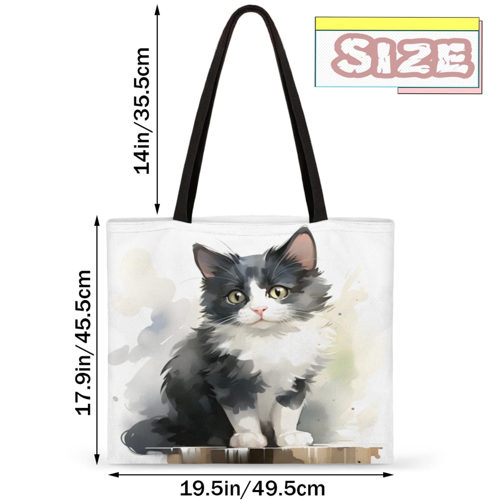 Mularoka Cute Watercolour Cat Square Canvas Tote Bag Top Handle Purses Stylish Women Canvas Shoulder Tote Bags Reusable Handbags for Work Travel Picnic Beach Shopping Gym Hiking