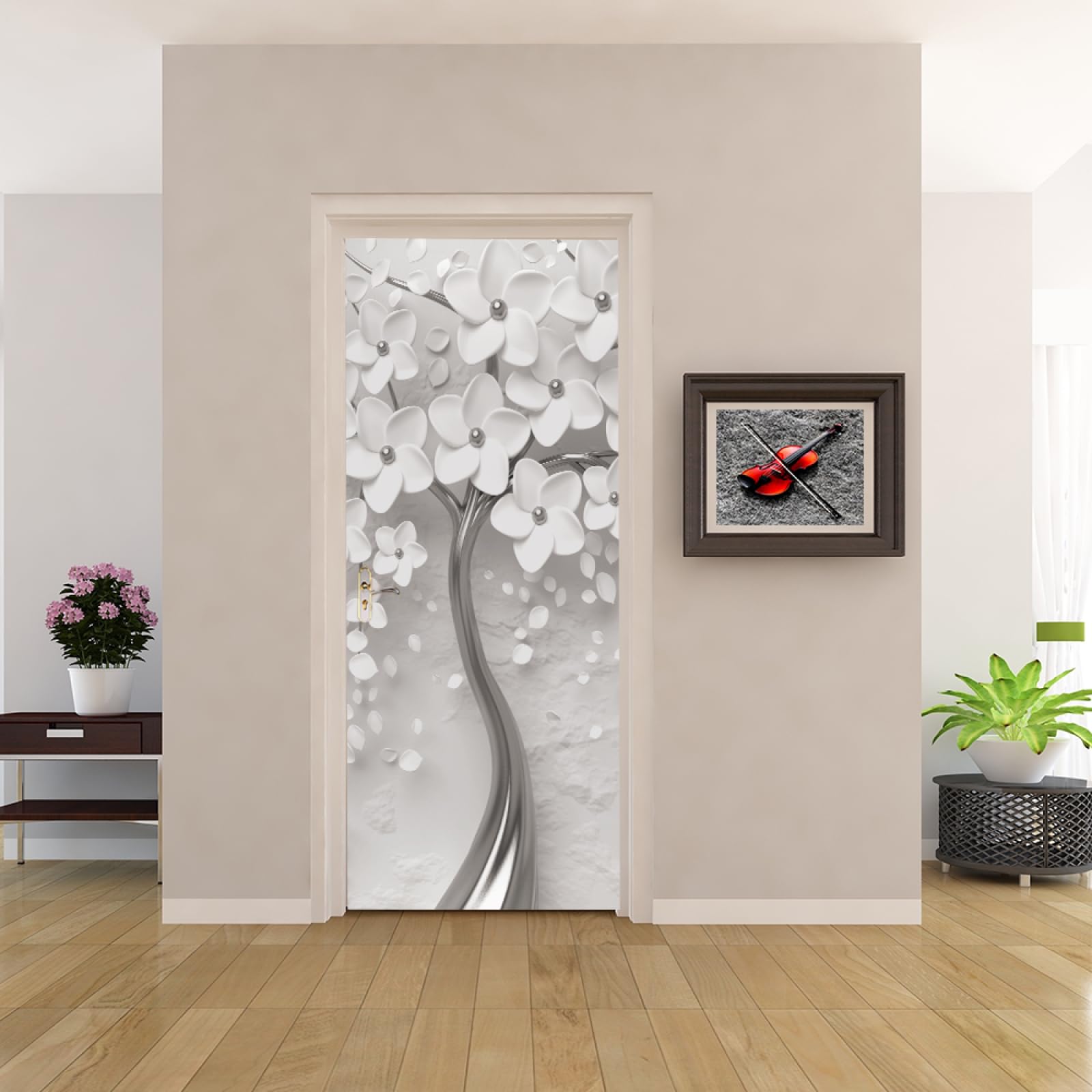 Autocollant Porte Blanc Arbres En Fleurs 3D - Décoration Amovible 100x200cm Imperméable Salon Chambre