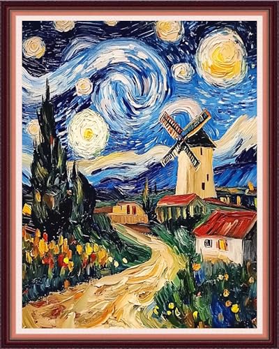 Image of Fanxvivy Stamped Cross Stitch Kits for Beginners Full Range of Cross Stitching Preprinted Embroidery Kits for Adults, 11CT Embroidery Pattern Needlepoint Kits-Van Gogh Starry Sky Windmill 16x20 inch